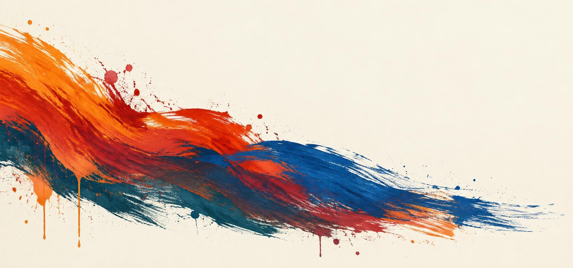 Pinceladas de tinta laranja, vermelha e azul sobre fundo creme